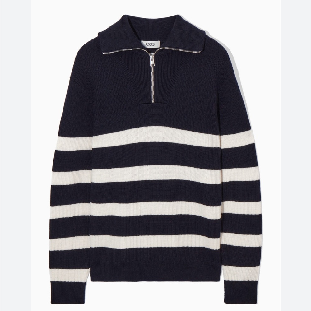 COS Striped Half Zip Wool Cotton Sweater Navy White Size M